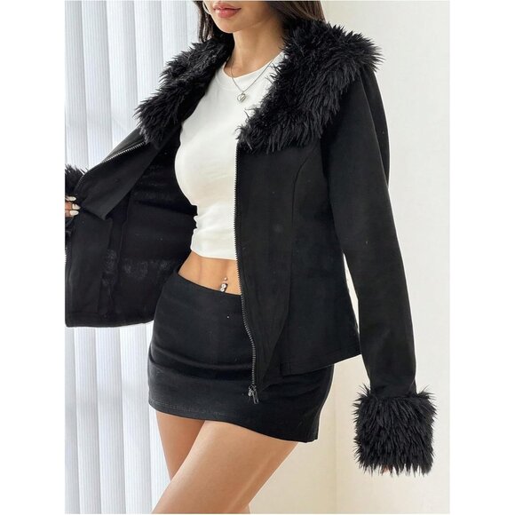 Women's Suede Jacket Faux Fur Collar Zip Up Long Sleeve Fuzzy Jackets Outerwear - Picture 4 of 5
